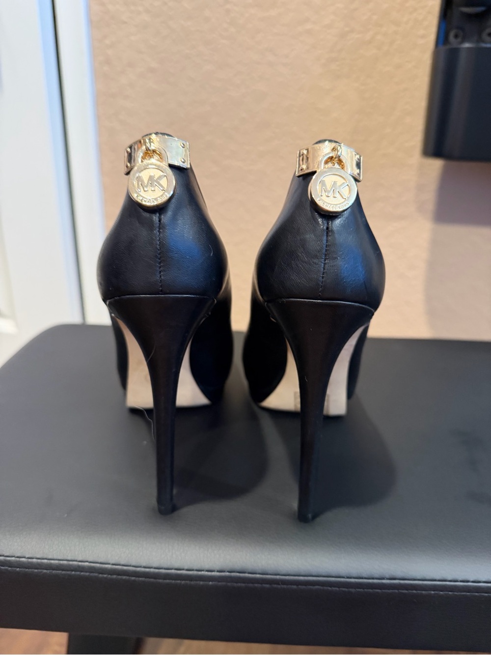 Michael Kors Black Leather Stiletto Heels with Gold MK Accent